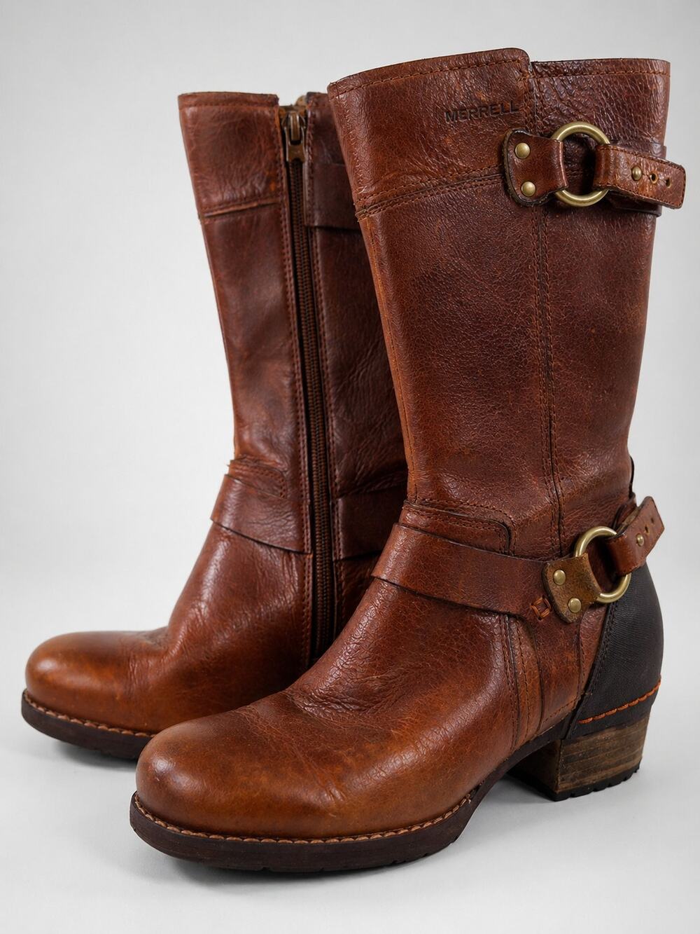 Merrell Brown Leather Harness Moto Boots Women 6 Riding Rustic Youth 4 4.5